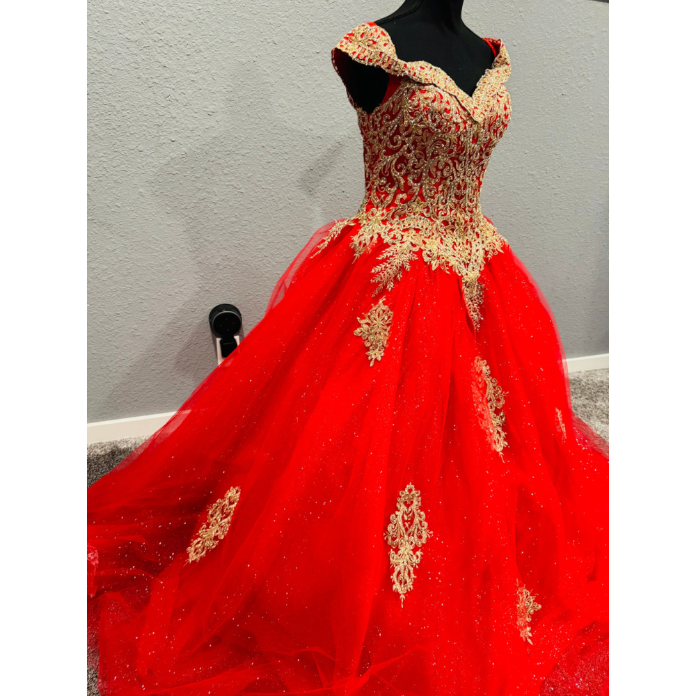 Chicas Red & Gold Ball Gown Dress | Size Large | Off-Shoulder Glitter Tulle - Picture 12 of 16